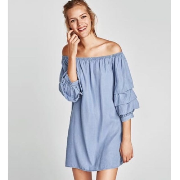 Unique Zara denim dress with ruffle sleeves